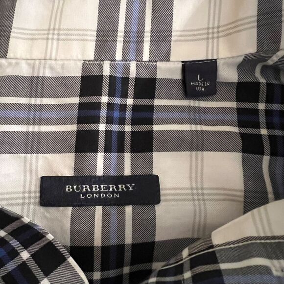 EUC Men's Burberry London Black White Blue Plaid Button Down Cotton Shirt LARGE - Picture 3 of 4